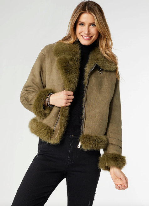 Coco and Carmen Dion Faux Fur Moto Jacket Olive