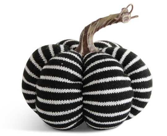 K&K Interiors Black & White Striped Fabric Pumpkin w/Resin Stem