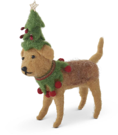 K&K Interiors 6 Inch Brown Wool Dog W/Tree Hat