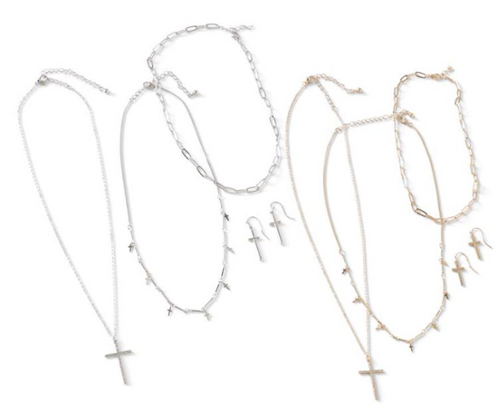 K&K Interiors Three Strand Cross Necklace  and Earring Set