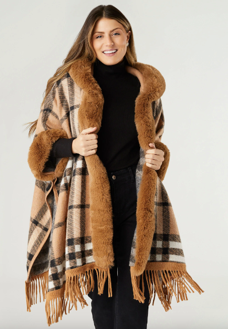 Coco & Carmen Teton Hooded Ruana with Faux Fur Trim