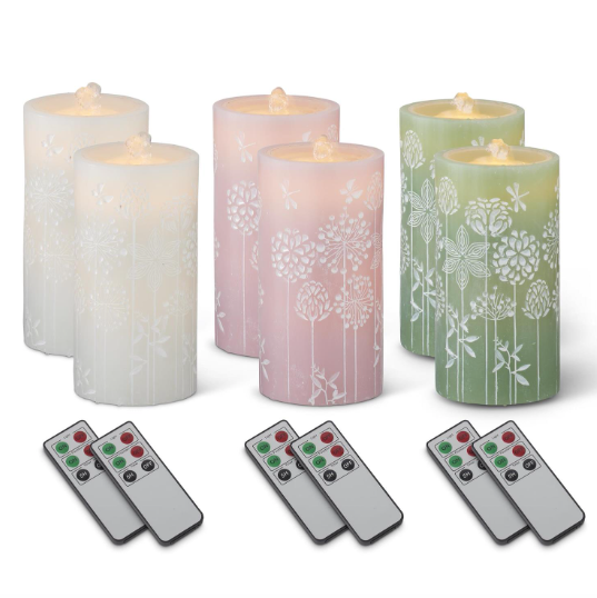 K & K Interiors Flower Embossed or Solid LED Wax Pillar Water Candle with Timer