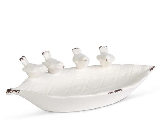 K & K Interiors Leaf Bowl with Birds White Ceramic 14 inch Distressed