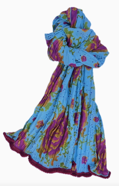 Little Journeys Crinkled Cotton Scarf - Peonies Blue