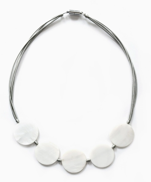 Sea Lily Silver Necklace with Round Mop Discs and Bead