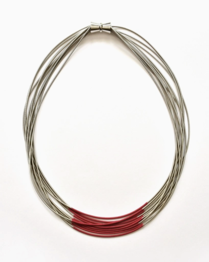 Sea Lily Multi-Strand Silver Wire & Chain Necklace with Red Segment