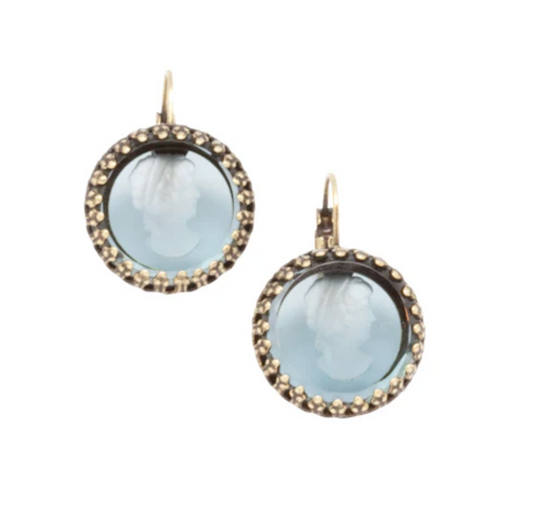 Nadine Delphine Jewelry Handmade in Paris Blue Glass Cameo Intaglio Earrings set in bronze metal