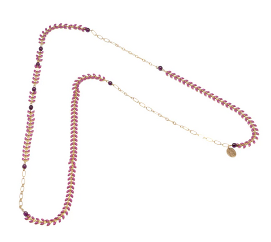 Nadine Delphine Enameled Brass Leaf Chain and Glass Beads Necklace