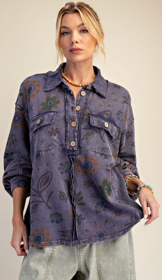 Easel FLORAL PRINTED WASHED TERRY PULLOVER SHIRT