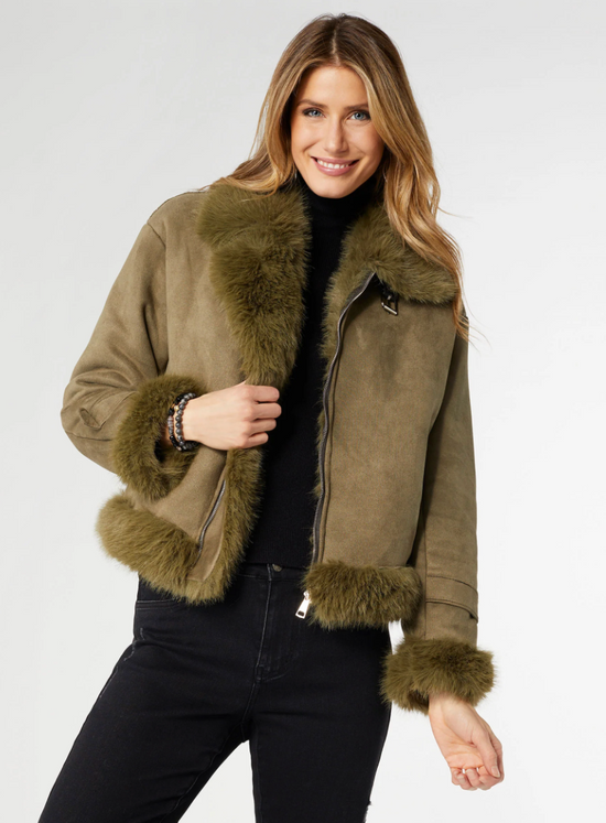 Coco and Carmen Dion Faux Fur Moto Jacket Olive Size L / XL