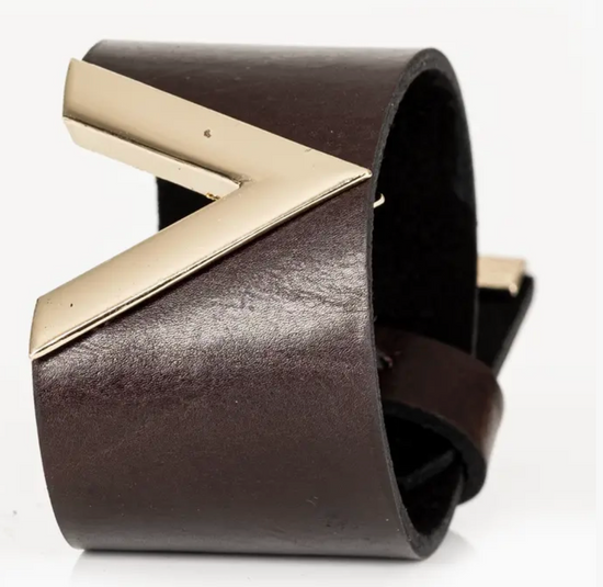 The Dark Brown Leather Cuff Bracelet Gold Chevron Plate