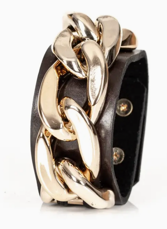 The Dark Empire Gold Chain Brown Leather Cuff