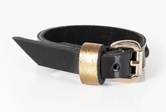 The Dark Black Leather Bracelet with Gold Accent Stripe