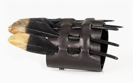 The Dark Black Leather Feather Cuff with Gold