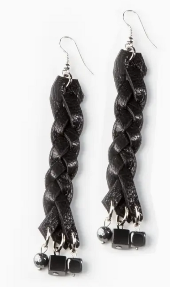 The Dark Braid Handcrafted Black Leather Earrings