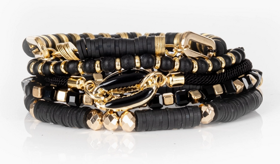 The Dark Black Onyx Shell Bracelet Stack Gold & Jet Beaded