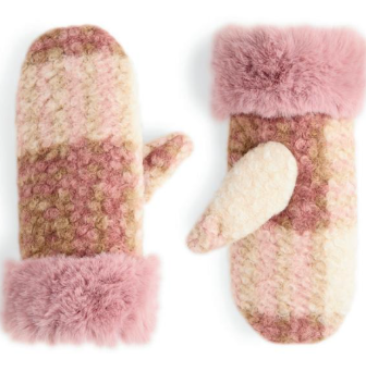 Coco & Carmen Fur Cuff Plaid Mittens