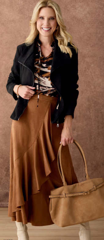 Coco & Carmen Canyon Faux Suede Skirt with Ruffle - Camel