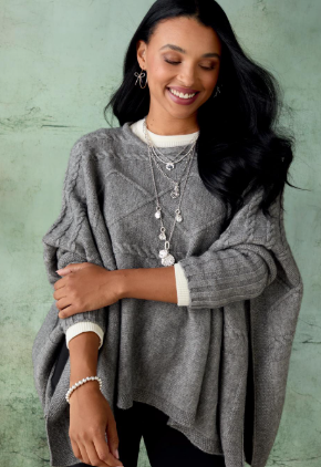 Coco & Carmen Caspia Poncho with Cable Knit Design - Mid Heather Grey