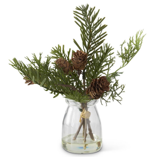 K & K Interiors 8 Inch Pine Sprig w/Mini Pinecone in Glass Vase