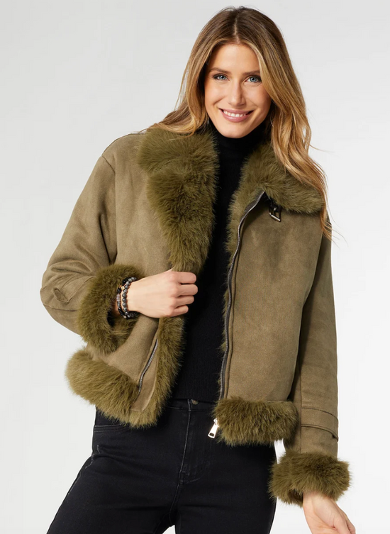 Dion Faux Fur Moto Jacket Olive