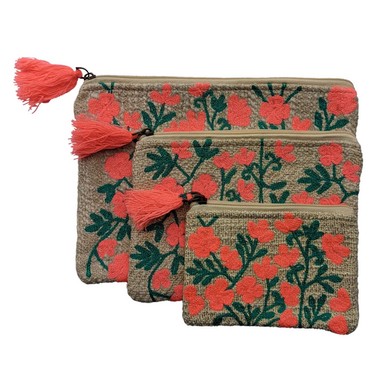 Chloe & Lex Red Embroidered Floral  Pouch Bag Three Size Choice