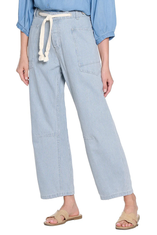 Tru Luxe Striped Barrel Leg Pant with Tie Belt - Blue Stripe