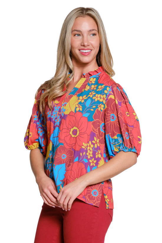 Tru Luxe Floral Print Split Neck Top - Multi