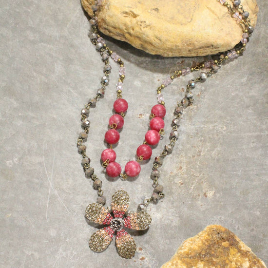 The Primitive Peddler, Inc. Raspberry Blooming Flower Layered Pendant Necklace