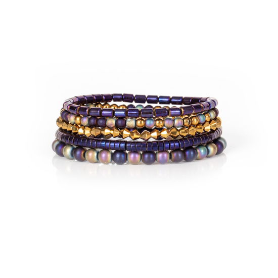 The Dark - Iridescent Beaded Stack Bracelet Set Midnight Purple & Gold