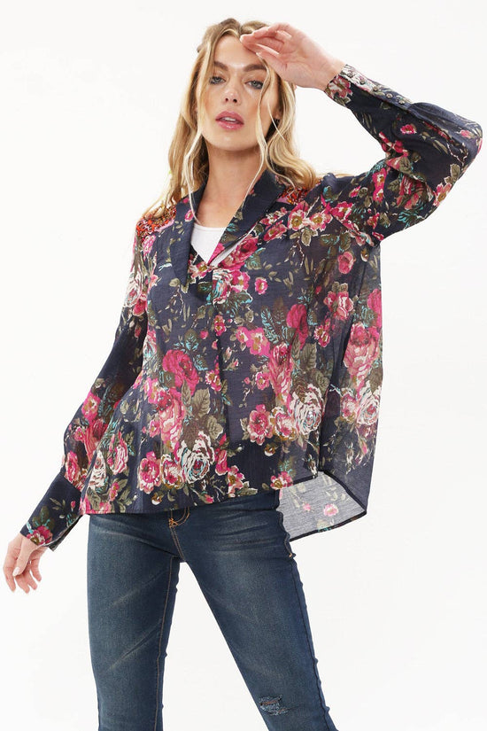 Aratta Diana Top Dark Blue with Red Floral