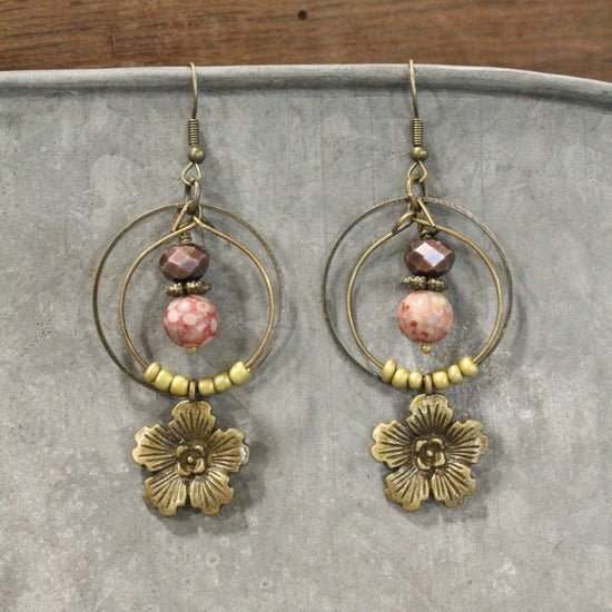 The Primitive Peddler, Inc. Mauve & Bronze Flowers Dangle Earrings