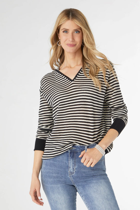 Coco and Carmen Aruni V-Neck Striped Knit Top with Hood