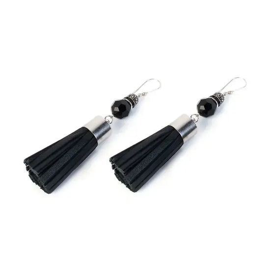 The Dark - Black Leather Tassel Earrings with Faceted Onyx Bead