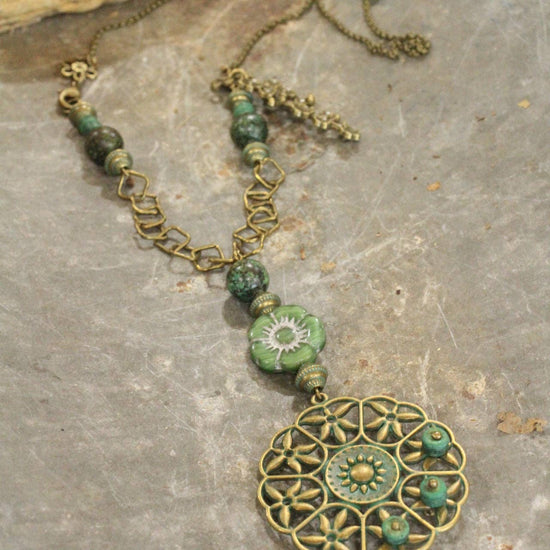 The Primitive Peddler, Inc. Vintage Green Flower Drop Czech Necklace