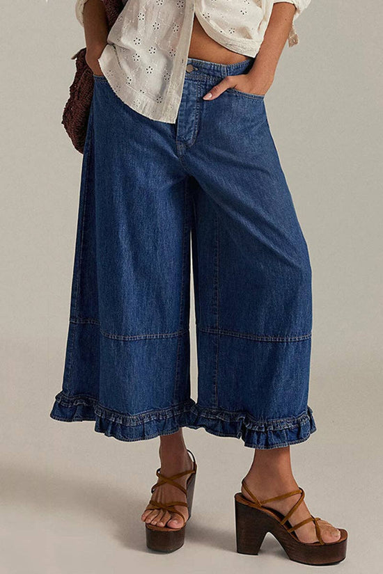 Soli Echo - High-Waisted Wide Leg Jeans with Ruffle Hem