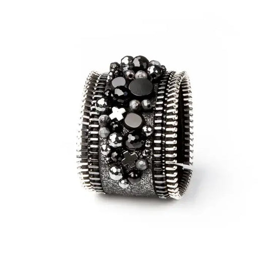 The Dark - Noir Crystal Leather Cuff – Black Gemstone Statement Bracelet