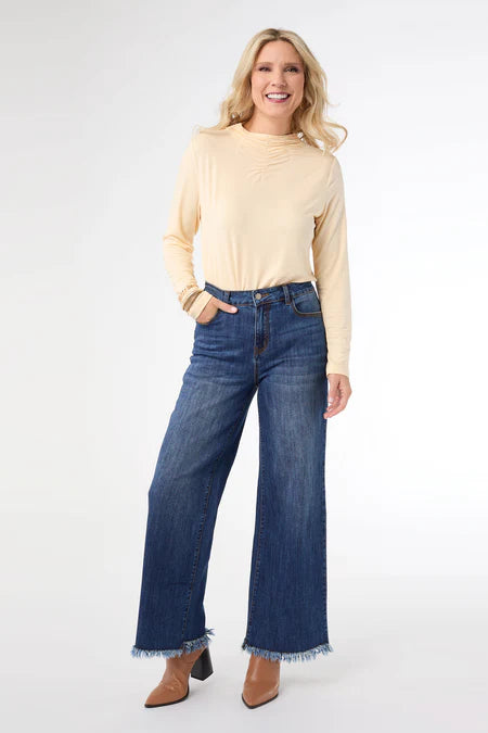 Coco & Carmen Bambu Soft Wide Leg Jeans with Fringe - Dark Denim