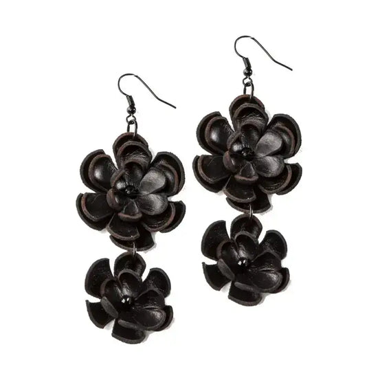The Dark - The Noir Bloom Earrings Double Black Leather Flowers