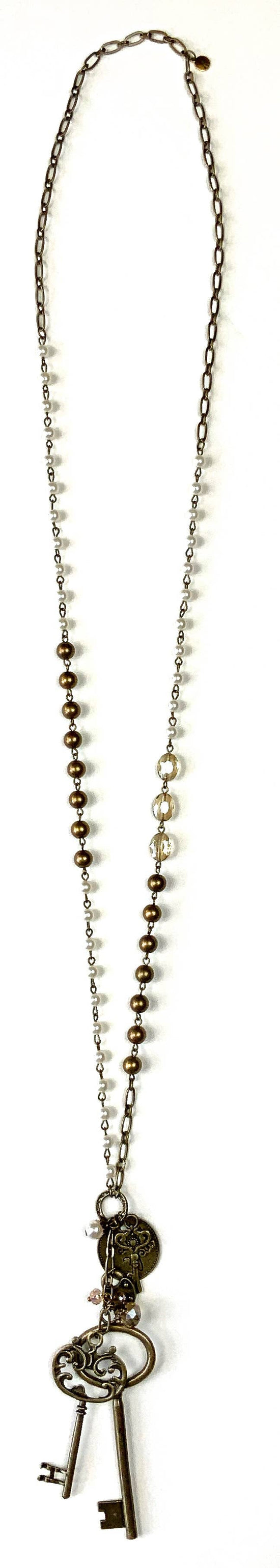 Lost and Found Roaried Pearl & Glass Mix w/Key Collage Dangle