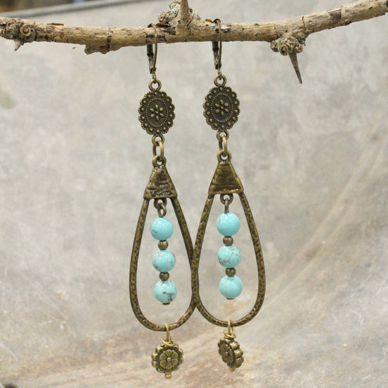 The Primitive Peddler, Inc. Bronze Teardrop Turquoise Stone Drop Earrings