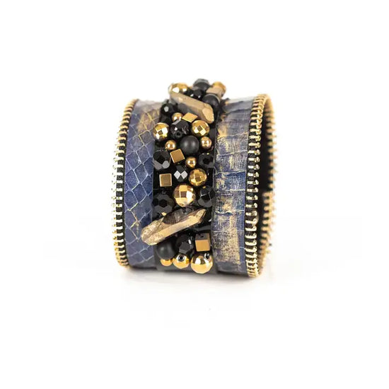 The Dark - Nocturne Cuff Blue Python Leather Bracelet with Gold