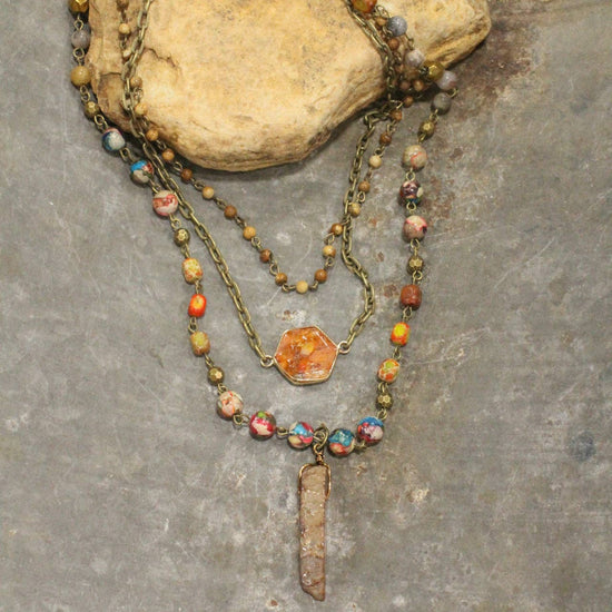The Primitive Peddler, Inc. Bohemian Layered Rusty Orange Stone & Crystal Necklace