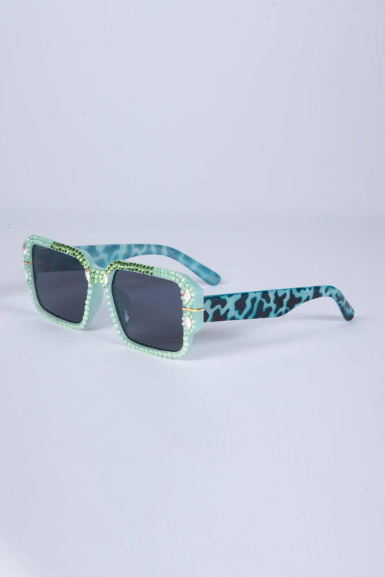 Ole - Handmade Rectangle  Rhinestone Sunglasses Green Turquoise