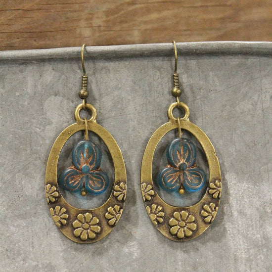 The Primitive Peddler, Inc. Groovy Flower Power Czech Blue Hoop Earrings