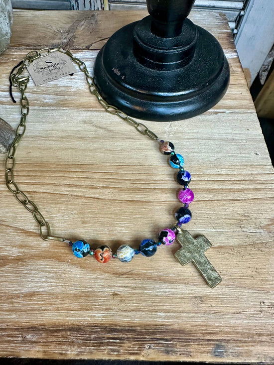 Scooples Jewelry Multi Agate Cross Necklace