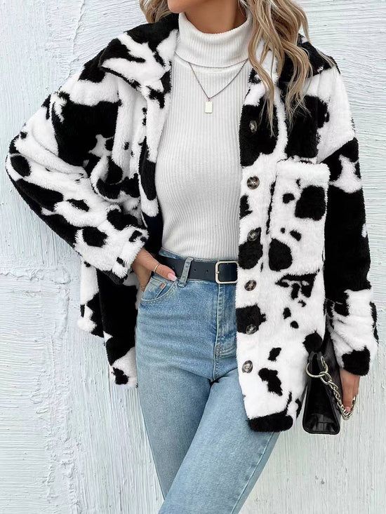 Rosa Clothing - Casual Cow Pattern Pockets Button Up