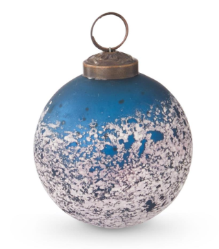K and K 3" Blue Glass Ornament w/Speckled White