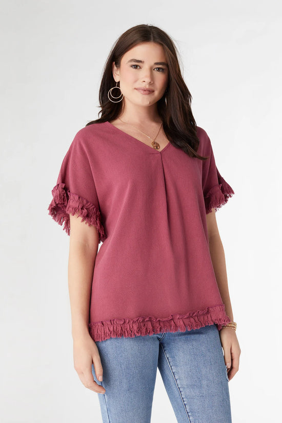 Coco and Carmen River Flowy Short Sleeve Top with Fringe