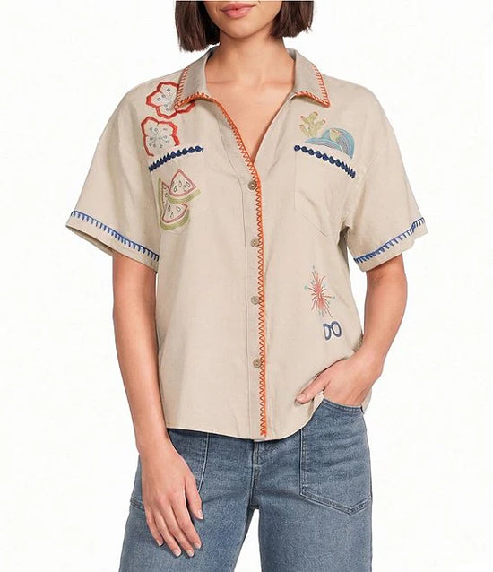 Tru Luxe V-Neck Collar Button Shirt w/ Embroidery